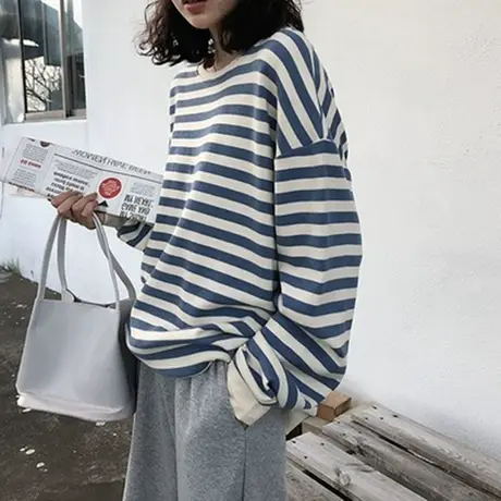 日系古着条纹卫衣女2020春秋薄款宽松韩版潮ins上衣bf慵懒风外套图片