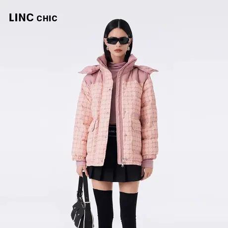 LINCCHIC金羽杰羽绒服女2023秋冬新品复古立领连帽直筒短款面包服图片
