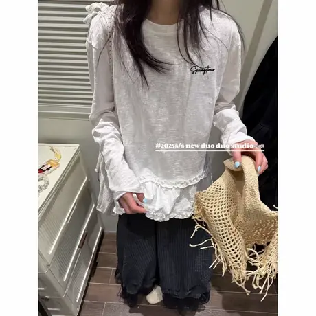 圆领字母拼接荷叶边下摆长袖T恤女2025春季新款设计感打底衫上衣图片