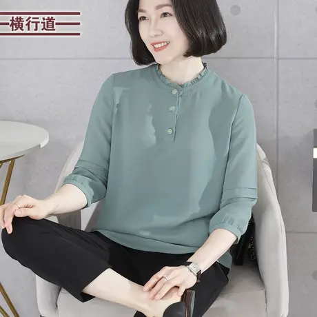 韩版简约立领宽松雪纺小衫中袖上衣服五分袖2025春季新款大码女装图片