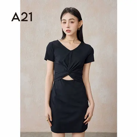 A21女装V领小落肩短袖直筒针织连衣裙设计感小黑裙子图片