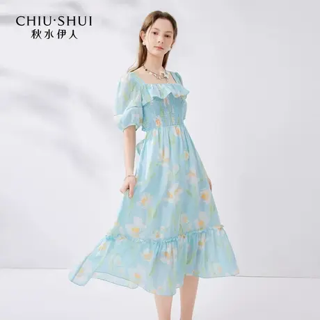 秋水伊人油画风印花天丝连衣裙夏季新款女装显瘦方领中长裙图片