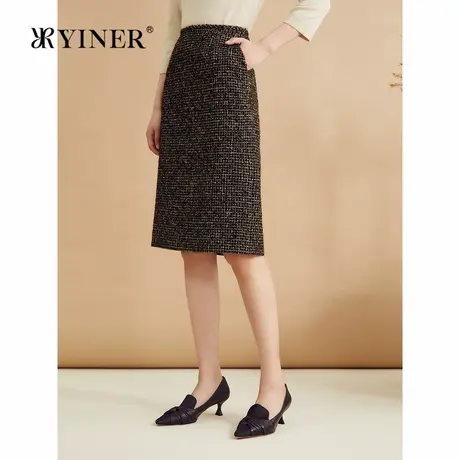 YINER音儿女装秋季羊毛法式优雅粗花呢高腰直筒半身裙图片