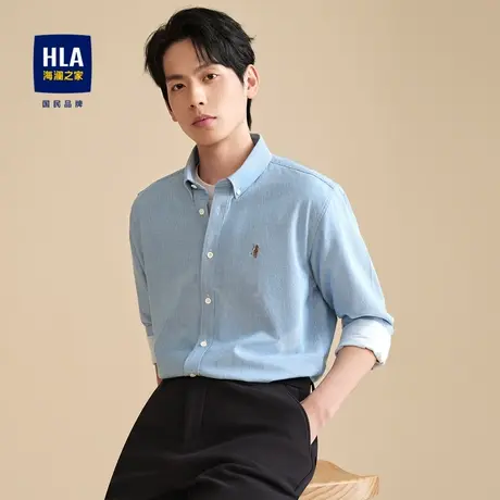 HLA/海澜之家磨绒长袖衬衫2023秋冬制扣领条纹全棉保暖上衣男图片