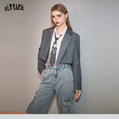 妖精的口袋短款灰色西装外套女2024春秋新款休闲小个子气质小西服图片