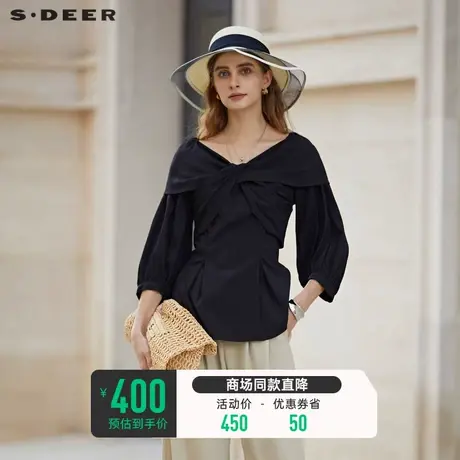 sdeer圣迪奥女装圆领压褶蝴蝶结七分袖衬衫S23280507图片