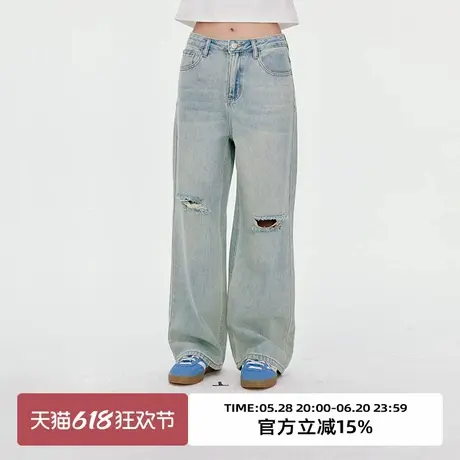 omont蛋挞家复古做旧宽松破洞牛仔裤2025夏季高腰显瘦直筒长裤子图片