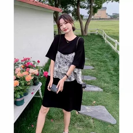 爵莱菲大码法式碎花假两件连衣裙夏宽松设计感小众时尚显瘦小个子图片