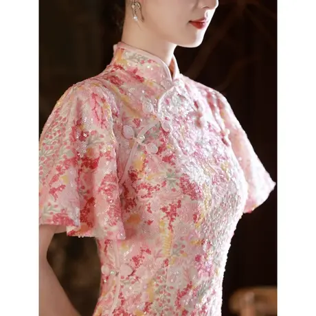 粉色敬酒服新娘旗袍订婚礼服女夏季连衣裙高级感亮片高端轻奢小众图片