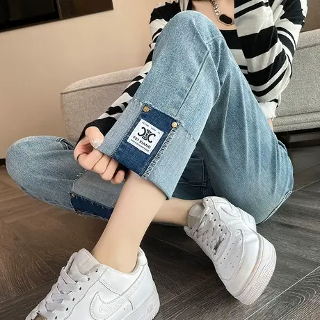 翻边直筒牛仔裤女春秋浅色高腰复古窄版小个子法棍九分修身烟管裤图片