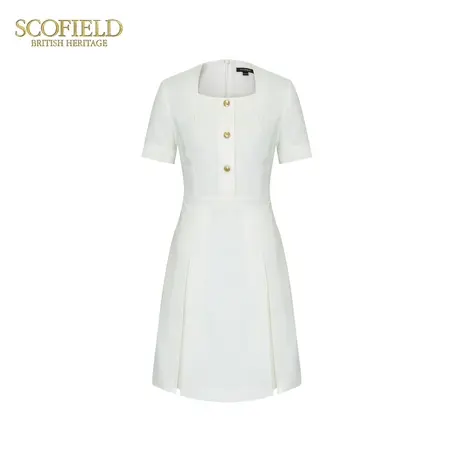 Scofield女装方领短袖连衣裙A字通勤收腰中长裙夏季裙子图片