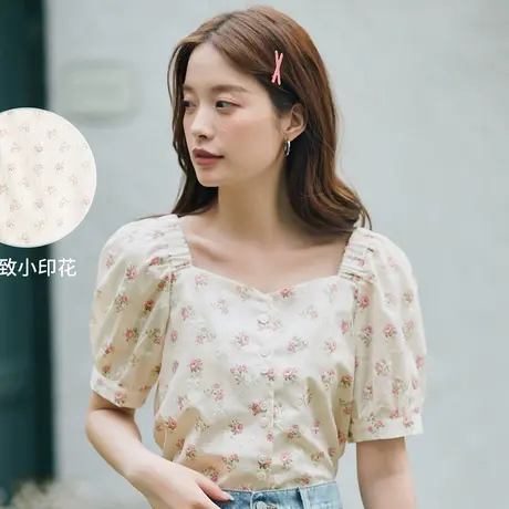 茵曼2023年夏季方领短袖衬衣女夏印花碎花衬衫上衣图片