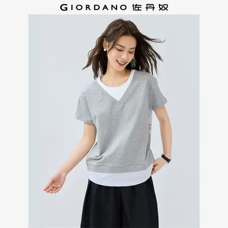 佐丹奴T恤女装纯棉假两件撞色圆领针织短袖T恤 05325454图片