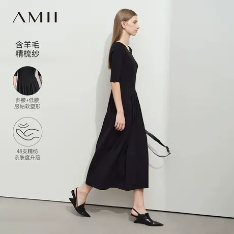 Amii2025夏新款极简修身收腰圆领中袖长款毛织连衣裙女图片