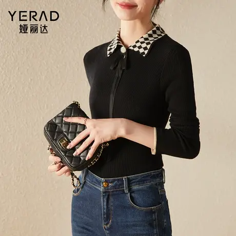 娅丽达针织衫女打底衫2023年秋装新款设计感方领棋盘格修身羊毛衫图片