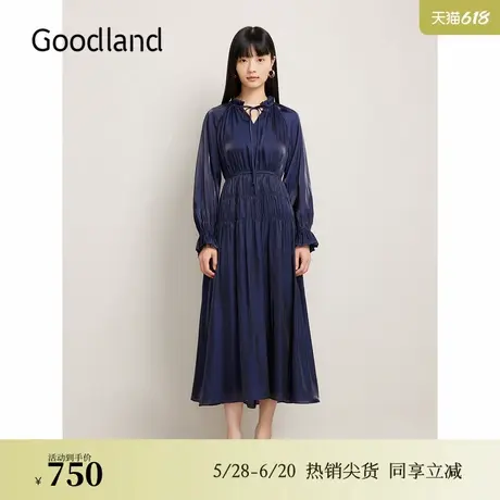 Goodland美地秋季优雅木耳花边拼接V领高腰连衣裙图片