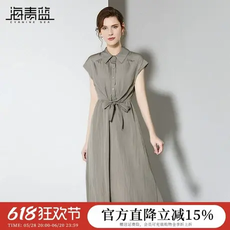 海青蓝 翻领无袖连衣裙夏女2025新款纯色高级女装时尚气质度假裙图片