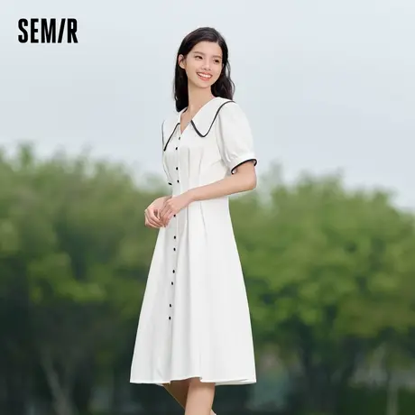 森马连衣裙女纯棉泡泡袖初恋裙2024新款夏撞色大翻领中长裙学院风图片