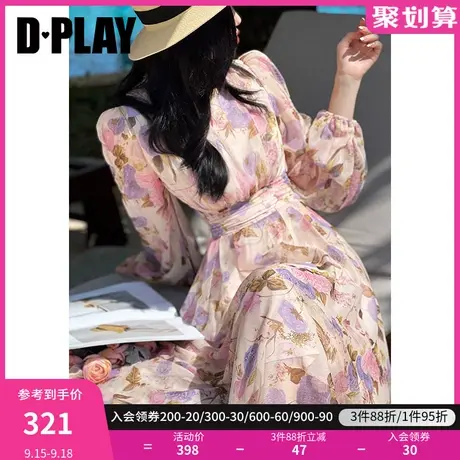 DPLAY2023夏氛围感梦幻玫瑰园镂空蝴蝶结系带度假连衣裙仙女裙图片