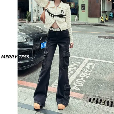 美式辣妹工装牛仔裤女2023年春秋季小个子高腰显瘦百搭直筒马蹄裤图片