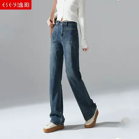 逸阳大口袋直筒牛仔裤女2023秋冬季新款加绒显瘦窄版阔腿裤子0851图片