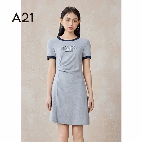 A21女装圆领短袖A摆针织连衣裙夏季拼色简约潮牌时尚裙子图片
