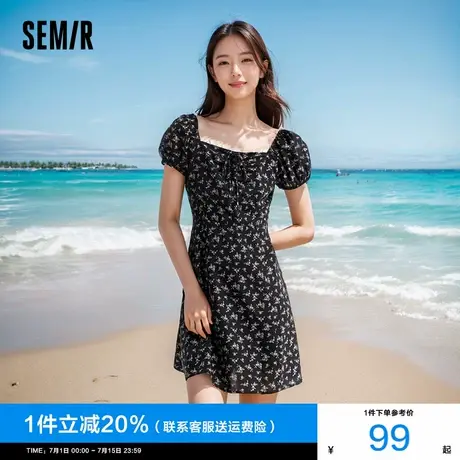 森马连衣裙女泡泡袖碎花雪纺裙森系2025新款夏季方领系带收腰短裙图片
