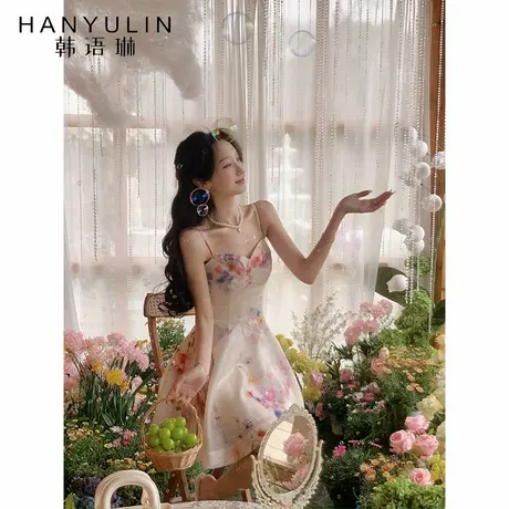 韩语琳 绝美印花吊带连衣裙女夏季独特漂亮掐腰收腰显瘦公主裙子图片