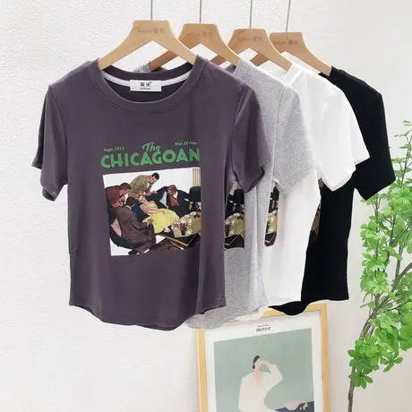 夏季新款ins甜辣妹复古港味短款高腰上衣正肩T恤欧货小众设计感女图片