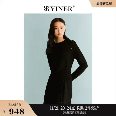 YINER音儿专选冬季女装法式小黑裙收褶绵羊毛针织连衣裙图片