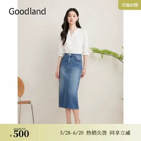 Goodland美地女装秋季编织花边复古直筒牛仔半身裙图片