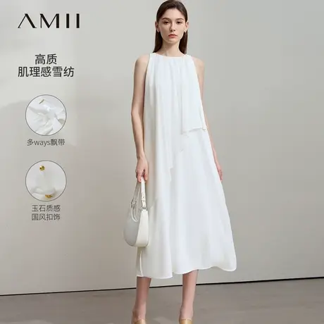 Amii2025夏新款度假风圆领无袖不规则飘片连衣裙女A字裙子小黑裙图片