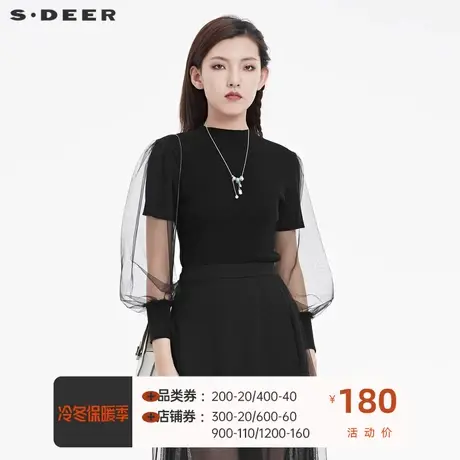 sdeer圣迪奥女装罗纹圆领网纱拼接长袖针织衫S22283507图片