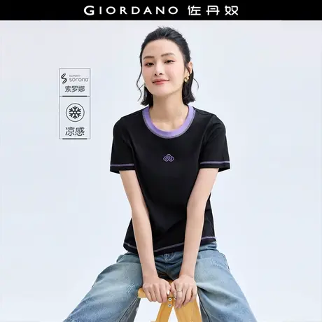 佐丹奴T恤女装撞色祥云刺绣针织圆领短袖T恤 18324917图片
