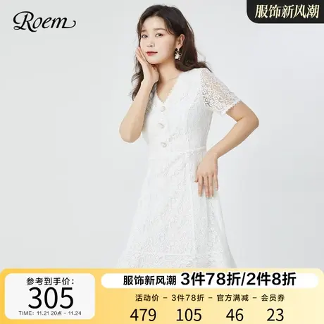 Roem春夏商场同款新品法式白色蕾丝收腰清新温柔风v领短袖连衣裙图片