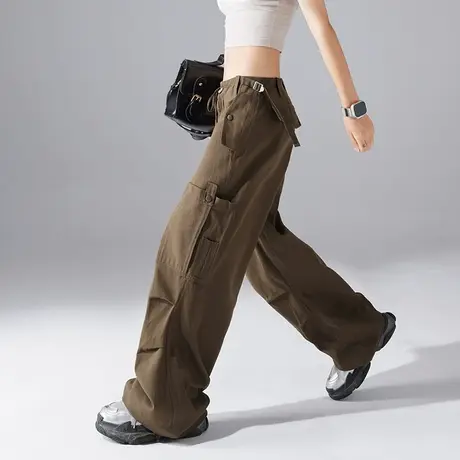 工装裤春秋季女美式抽绳束脚运动裤休闲阔腿裤棕色宽松直筒裤新款图片