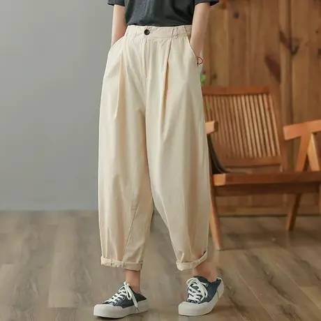 dza 高腰显瘦纯棉休闲裤女2023夏季宽松九分阔腿裤修身百搭直筒裤图片