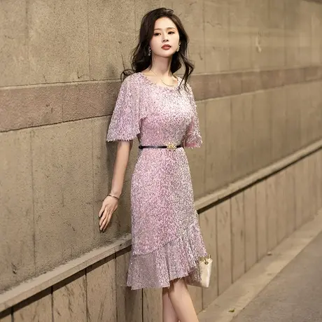 晚礼服小礼服夏轻奢小众高端亮片气质粉色小个子生日宴会连衣裙女图片