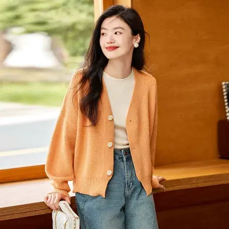 时尚气质毛衣开衫2023年秋季新款女装纯色百搭宽松V领长袖上衣图片
