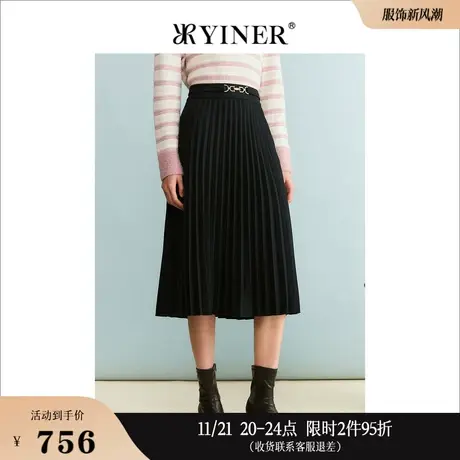 YINER音儿专选女装冬季质感压褶过膝小黑裙气质半身裙图片