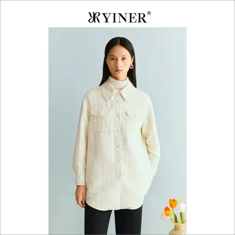 YINER音儿女装冬季复古纹理翻领法式优雅奶油白休闲短外套图片