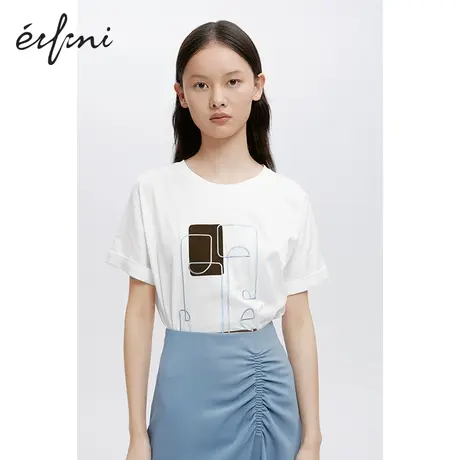 商场同款伊芙丽2021新款圆领短袖印花T恤女宽松休闲体恤1B6301441图片