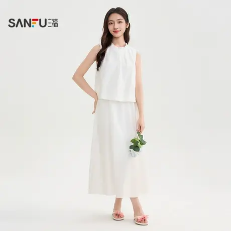 三福连衣裙2025夏季花边小圆领假两件收腰A摆裙子女装505875图片