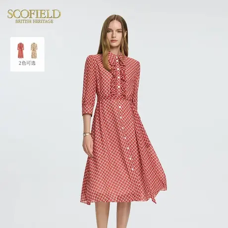 Scofield女装复古港风格纹印花连衣裙荷叶边收腰A摆2025夏季新品图片