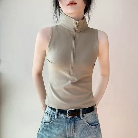 拉链设计感立领无袖背心女2025春夏新款纯色别致修身开衫内搭上衣图片