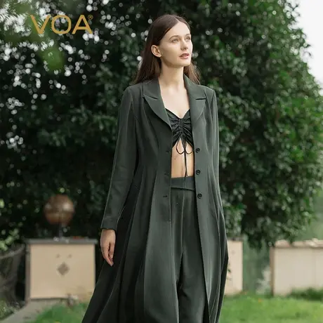 VOA真丝重磅30姆米墨绿西装领单排扣斜插袋砂洗工艺百搭长袖风衣图片