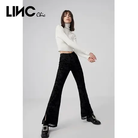 LINC金羽杰裤子女新款丝绒提花微喇轻奢针织裤女显瘦裤装2032227图片