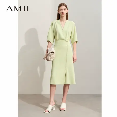Amii2025夏新款优雅通勤V领连袖法式连衣裙女收褶收腰小黑裙子图片