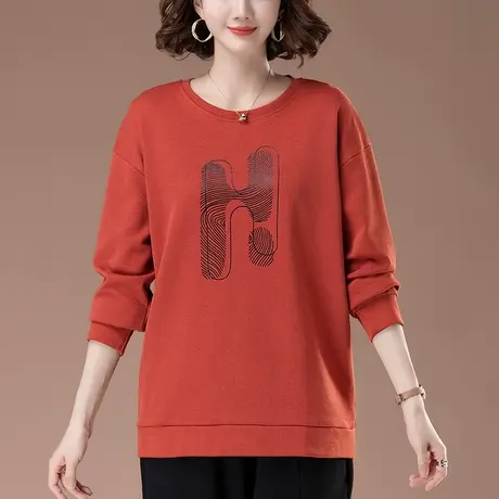圆领卫衣女春秋薄款宽松加肥加大码女装中年妈妈休闲减龄显瘦上衣图片
