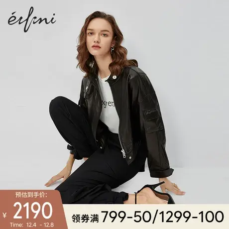 伊芙丽皮衣外套女2021年春装复古半高圆领黑色帅气机车服皮夹克图片